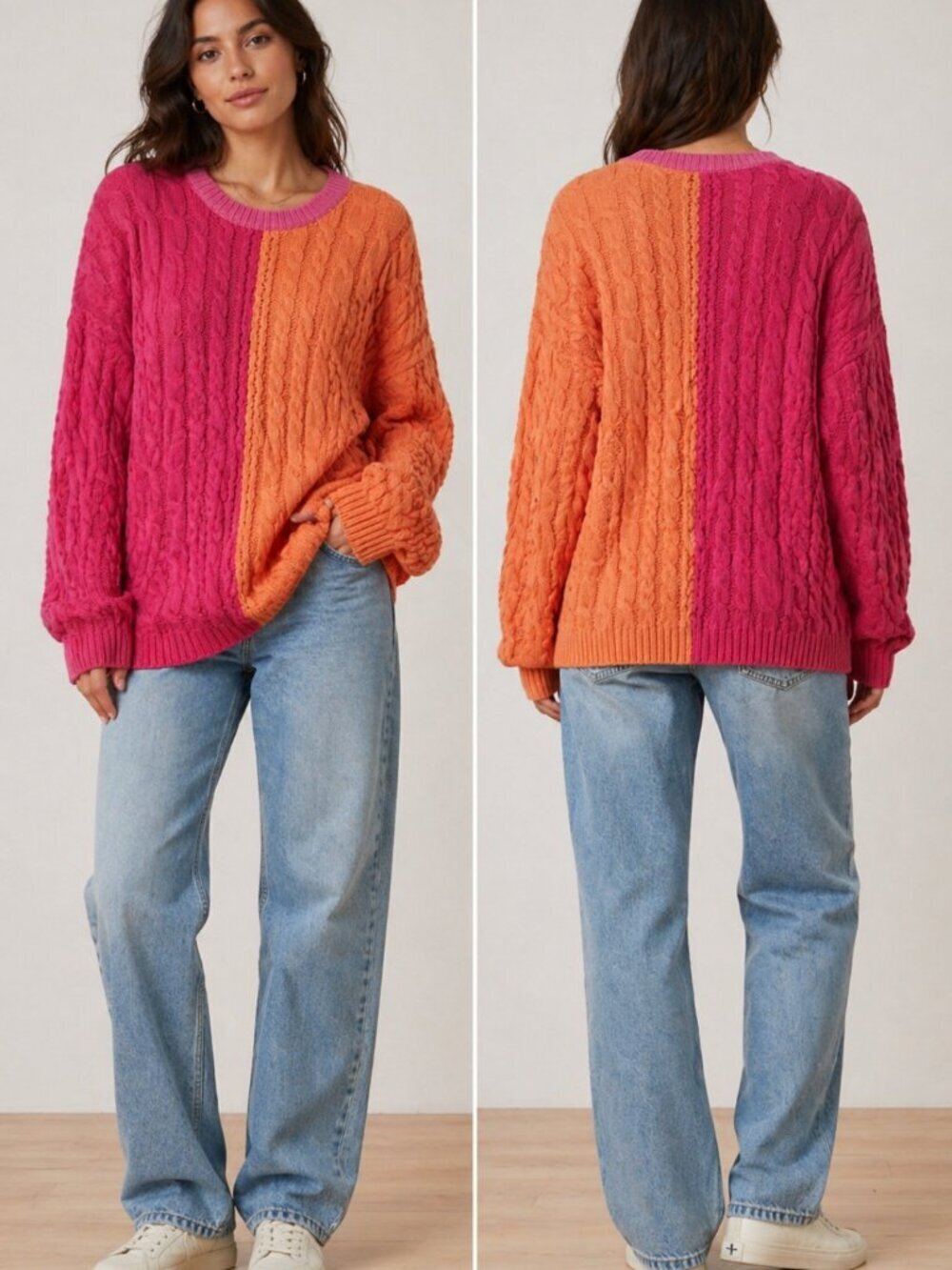 Paul Harris Vintage Colorblock Cable Knit Sweater Ramie Cotton Pink Orange L